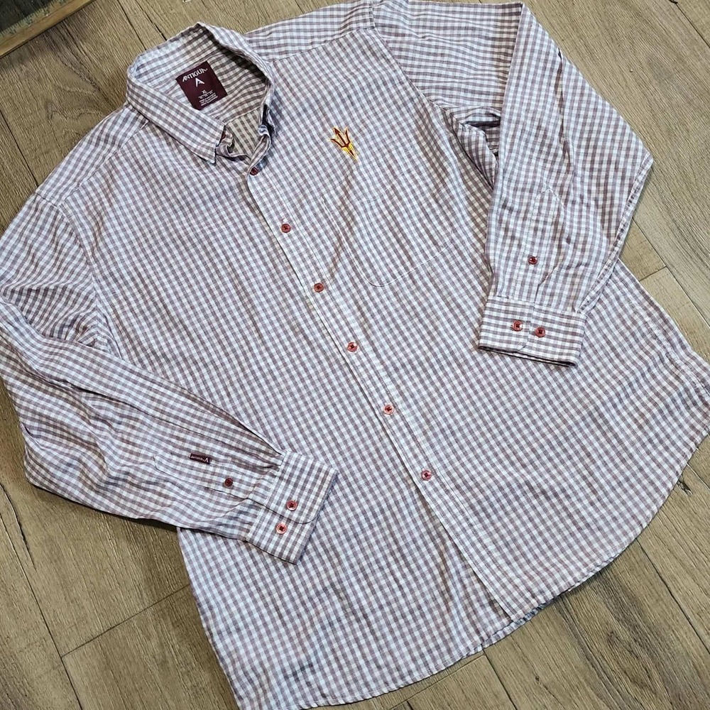 Antigua Mens XL ASU Arizona State Sun Devils Gingham Button Down Shirt Maroon